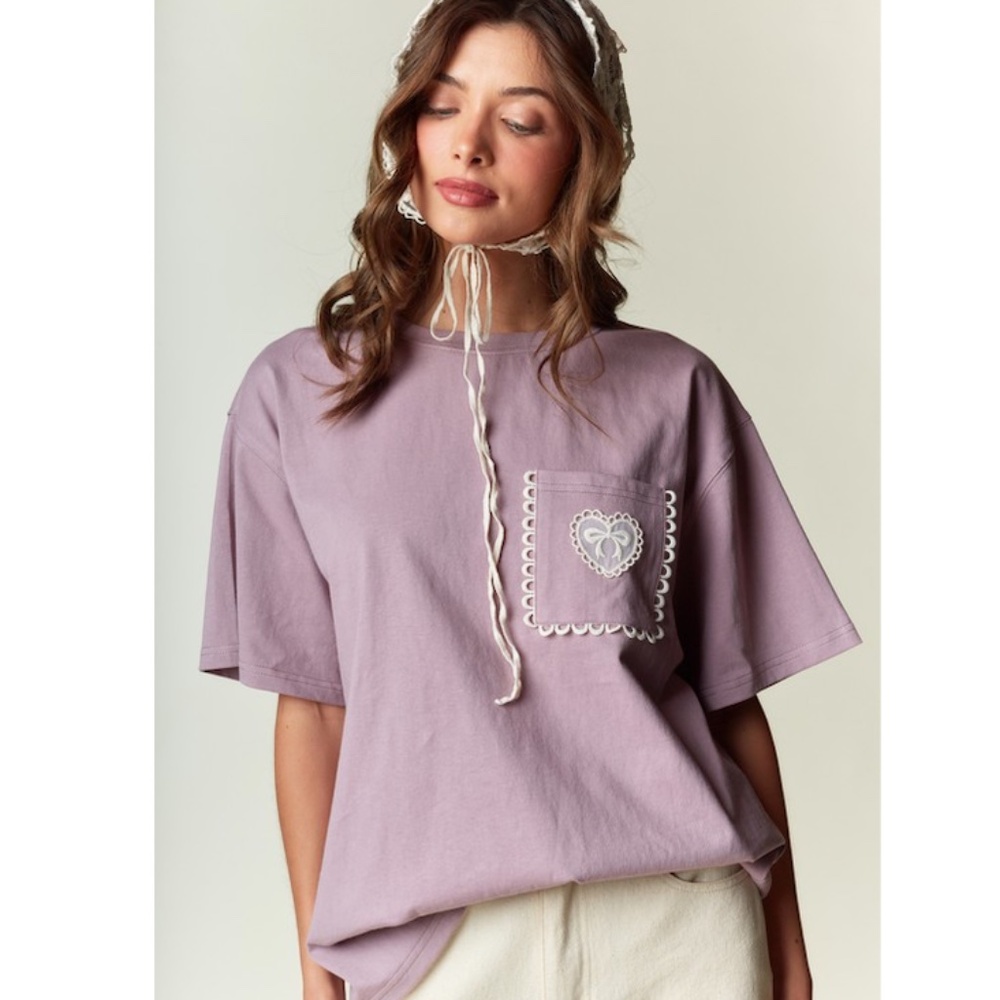 "The Drea" Plum Relaxed Fit Lace Heart Pocket Tee
